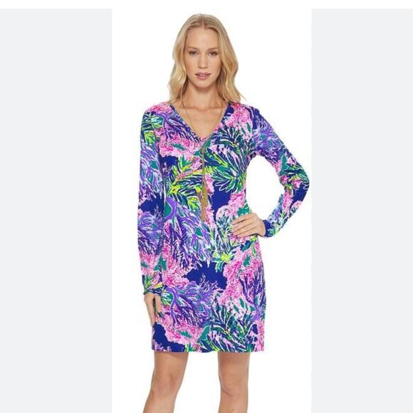 Lilly Pulitzer Tessa long sleeve mini dress Pima cotton coral blue pink sz XS - Picture 1 of 9